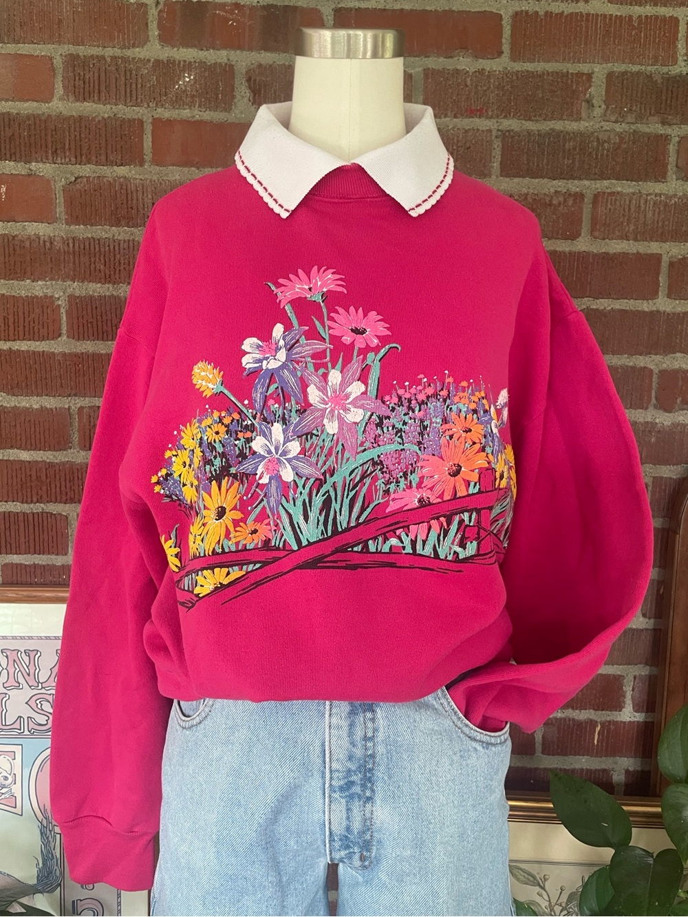 Vintage Bright Pink Floral Sweatshirt